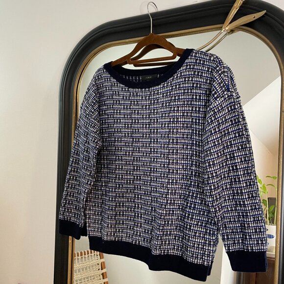 J. Crew Tweed Wool Blue Silver Metallic Knit Quarter Sleeve Pullover Sweater S - Picture 1 of 7